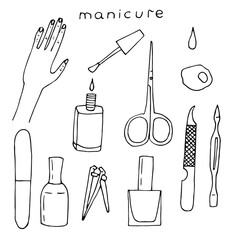 Manicure set vector illustration, hand drawing doodles