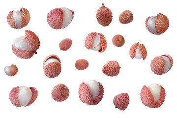 Lychee fruits opened with pulp and closed in the peel randomly flying or levitating isolated on a white background