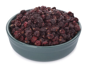 Bowl of tasty dried currants on white background