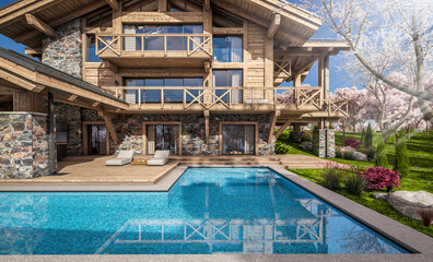 3d rendering of modern cozy chalet with pool and parking for sale or rent. Beautiful forest mountains on background. Fresh spring day with a blooming trees with flowers of sakura on background.