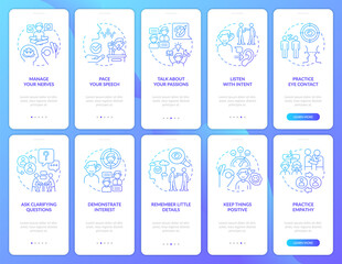 Developing charisma blue gradient onboarding mobile app screen set. Walkthrough 5 steps graphic instructions pages with linear concepts. UI, UX, GUI template. Myriad Pro-Bold, Regular fonts used