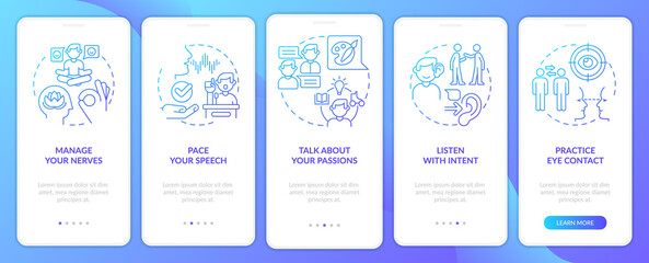 Steps to charisma blue gradient onboarding mobile app screen. Walkthrough 5 steps graphic instructions pages with linear concepts. UI, UX, GUI template. Myriad Pro-Bold, Regular fonts used