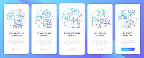 Steps to build charisma blue gradient onboarding mobile app screen. Walkthrough 5 steps graphic instructions pages with linear concepts. UI, UX, GUI template. Myriad Pro-Bold, Regular fonts used