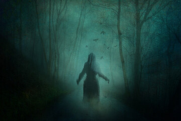 A horror concept of a ghostly woman in a dress. Haunting a forest road on a spooky winters night. With a grunge, textured edit.