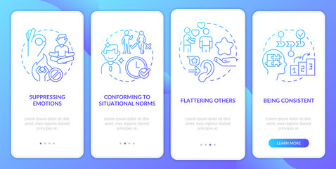 Impression management blue gradient onboarding mobile app screen. Walkthrough 4 steps graphic instructions pages with linear concepts. UI, UX, GUI template. Myriad Pro-Bold, Regular fonts used