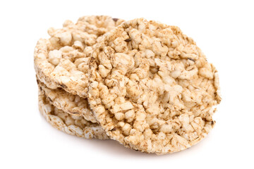 Puffed rice bread isolated on white background. Rice cakes. Round diet crispbreads on a white background. Round shaped cereal bread, healthy food without yeast. 