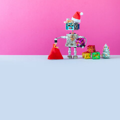 Holiday party traditions card. Merry Christmas Happy New Year festive poster. Robot Santa, bag of gifts, Christmas tree. Pink blue background. copy space