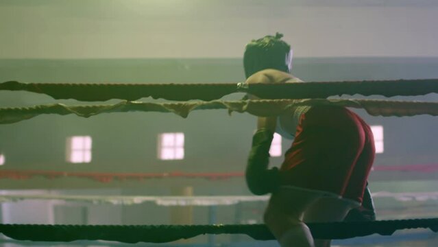 Two female boxers training together. Athletic girl in boxing helmet getting onto ring for training with sparring partner. Girls clapping boxing gloves before starting fight. Sport, competition concept
