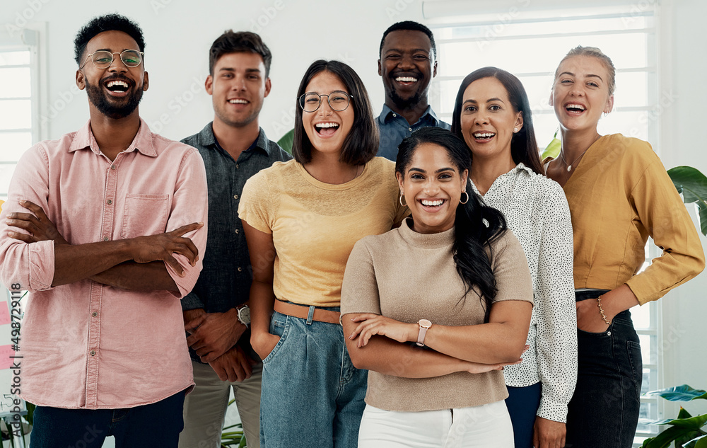 Sticker Dont you wish you were a part of this team. Cropped portrait of a diverse group businesspeople standing together after a successful discussion in the office.