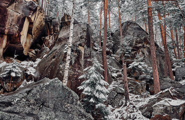 Rocks in the winter forest. Mountain landscape.