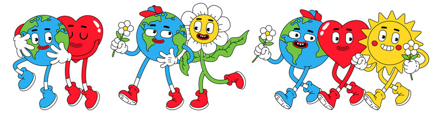 Earth, Peace, Love in trendy retro cartoon style. Funny globe, heart, sun, planet, flower characters with smiley face.