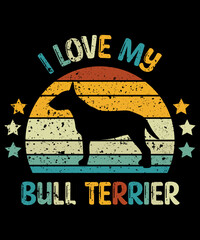 Bull Terrier Retro Vintage Sunset T-shirt Design template, Bull Terrier on Board, Car Window Sticker, POD, cover, Isolated white background, White Dog Silhouette Gift for Bull Terrier Lover