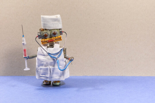 Robot medic with stethoscope, syringe blood test. Beige blue background, copy space for your text.