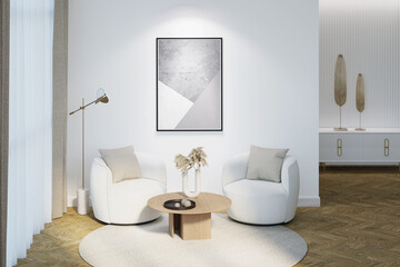 Modern interior with an illuminated vertical poster on a white wall. The decor on a coffee table, two modern chairs, a lamp near a curtained window, decor on a nightstand in the background. 3d render