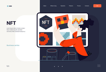Technology Memphis -NFT Non-Fungible Token -modern flat vector concept digital illustration of placing a NFT object into the blackchain. Creative landing web page template