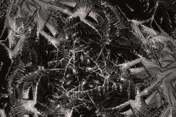 White pattern of crooked waves on a black background. Abstract image. 3D fractal rendering
