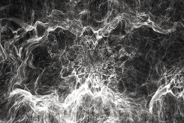 White pattern of crooked waves on a black background. Abstract image. 3D fractal rendering