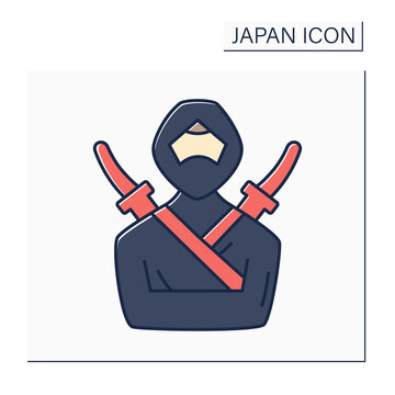Ninja color icon. Shinobi. Covert agent or mercenary. Espionage, deception, and surprise attacks. Japanese culture concept. Isolated vector illustration