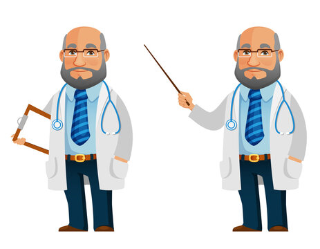 funny cartoon illustration of a friendly senior doctor, holding a clipboard or a pointer