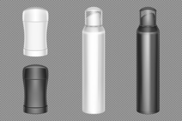 Spray and deodorant stick packaging mockup. Vector realistic set of 3d blank white and black containers of dry antiperspirant and aerosol bottles with clear caps