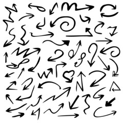 Collection black arrow on white background. Hand drawn set of arrows. Vector illustration.