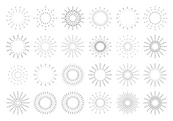 Sunburst set. Vintage sunrise collection.  Vector light rays elements. Firework explosion, stars, emblem, logo, tag. Vector Illustration