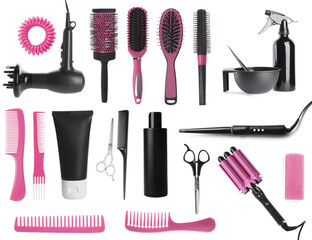 Set with professional hairdresser tools and cosmetic products on white background