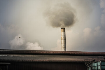 Factory flue emit smoke, pollution, industry that negatively affects the environment