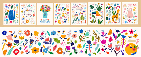 Baby posters and cards with animals and flowers pattern. Vector illustrations with cute animals. Baby illustrations. flower collection with roses, leaves, floral bouquets, flower compositions - 498732384