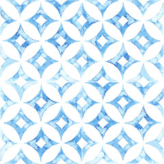 Seamless watercolor pattern. Blue and white print for textiles, home decor. Cute geometric ornament. Vector illustration. - 498732548