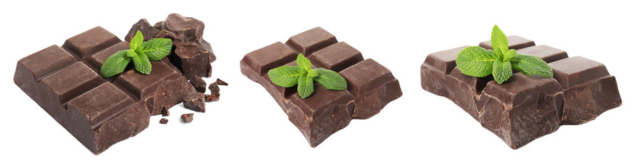 Set with tasty dark chocolate and mint on white background. Banner design