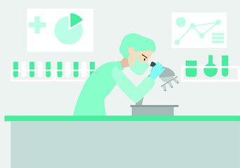 Ilustracion vectorial de un investigador trabjando y mirando por el microscopio para descubrir nueva medicina y curar el cancer