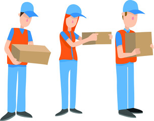 Obraz premium Ilustracion vectorial plana de varios trabajadores entregando un paquete.