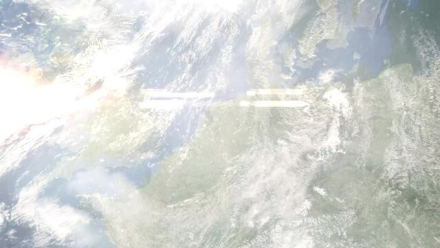 Earth zoom in from outer space to city. Zooming on Zwolle, Netherlands. The animation continues by zoom out through clouds and atmosphere into space. Images from NASA