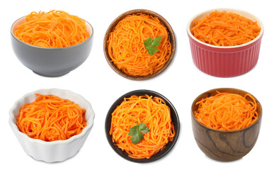Set with tasty Korean carrot salad on white background