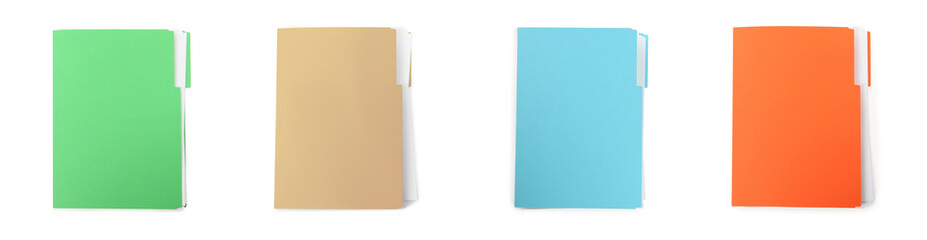 Set of different files with documents on white background, top view. Banner design