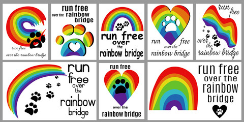 Pet loss card set, run free over the rainbow bridge vector illustration - obrazy, fototapety, plakaty