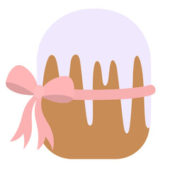 Easter cake. Baking is covered with purple icing. The bread is decorated with a ribbon with a pink bow. Color vector illustration. Flat style. Bright Easter. Isolated background. Idea for web design