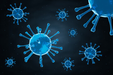 Coronavirus 3d render. Covid blue on a blue background.