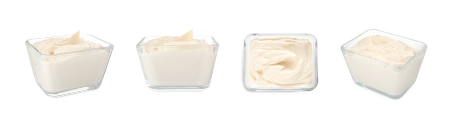 Set with tasty mayonnaise on white background. Banner design