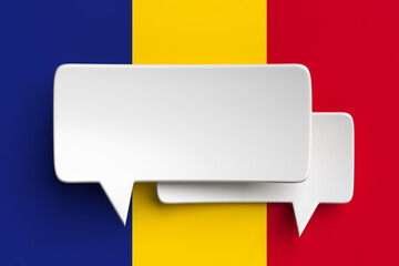 Social media notification icons, white bubble speech on the background of the flag of Romania. 3D rendering