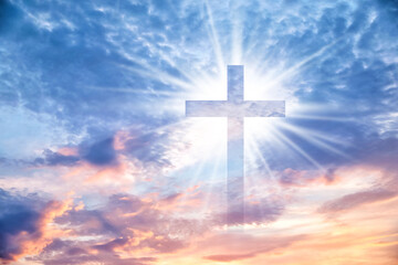 Silhouette of cross against sky at sunset. Christian religion