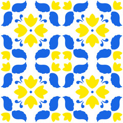 Maiolica, Vietri, Spain, Sicilian, Italian, Mediterranean traditional seamless pattern. Ceramics majolica tile ornament. Blue yellow, white tile repeat print.