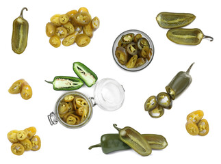 Set with pickled green jalapeno peppers on white background, top view