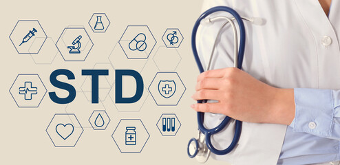 STD prevention. Closeup view of doctor with stethoscope, abbreviation and different icons on light...