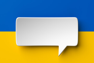 Social media notification icon, white bubble speech on the background of the flag of Ukraine. 3D rendering