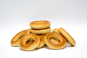 Drying bagels close-up on a white background. Isolated.