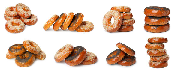 Set with tasty fresh bagels on white background. Banner design