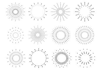 Sunburst set. Vintage sunrise collection.  Vector light rays elements. Firework explosion, stars, emblem, logo, tag. Vector Illustration 