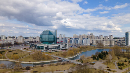 Public building. Panoramic view of the National library and a new neighborhood with a park.